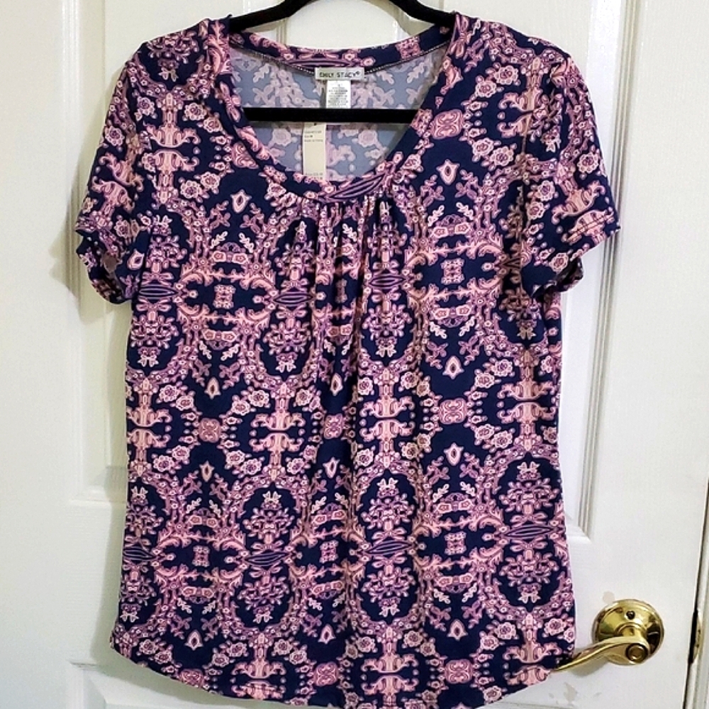Emily Stacy Pink & Navy Floral Casual Office Pleated Neck Jersey Top M